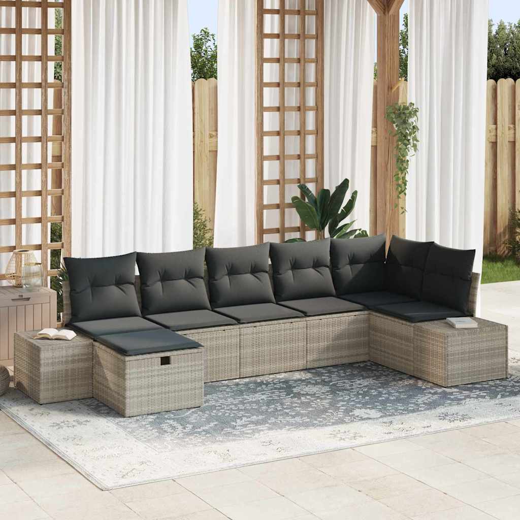 Garten-Sofa-Set mit Kissen 7 pcs Hellgrau Poly Rattan